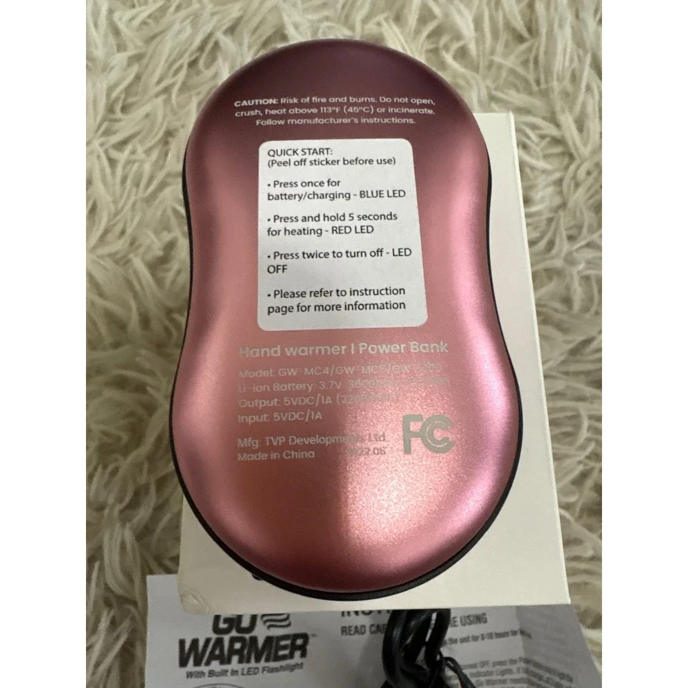 GO WARMER Hand Warmer Power Bank Pink‎ Built-in LED Flashlight Rechargeable